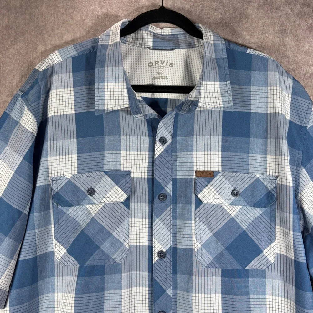 Orvis Button Down Shirt Mens XXL Blue Plaid Short Sleeve Lightweight Fishing